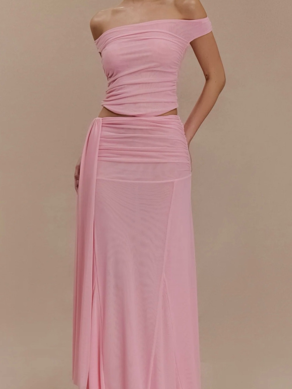 Meshki Off-Shoulder Pink Two-Piece Top and Skirt